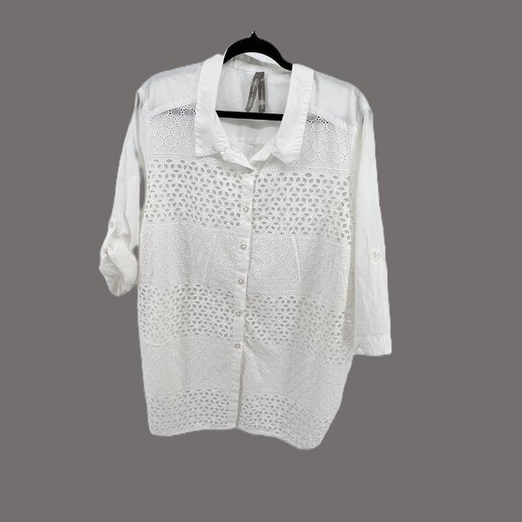 🤍 White Eyelet Blouse Coastal Grandma Minimalist 100% Cotton 3X - Picture 2 of 11